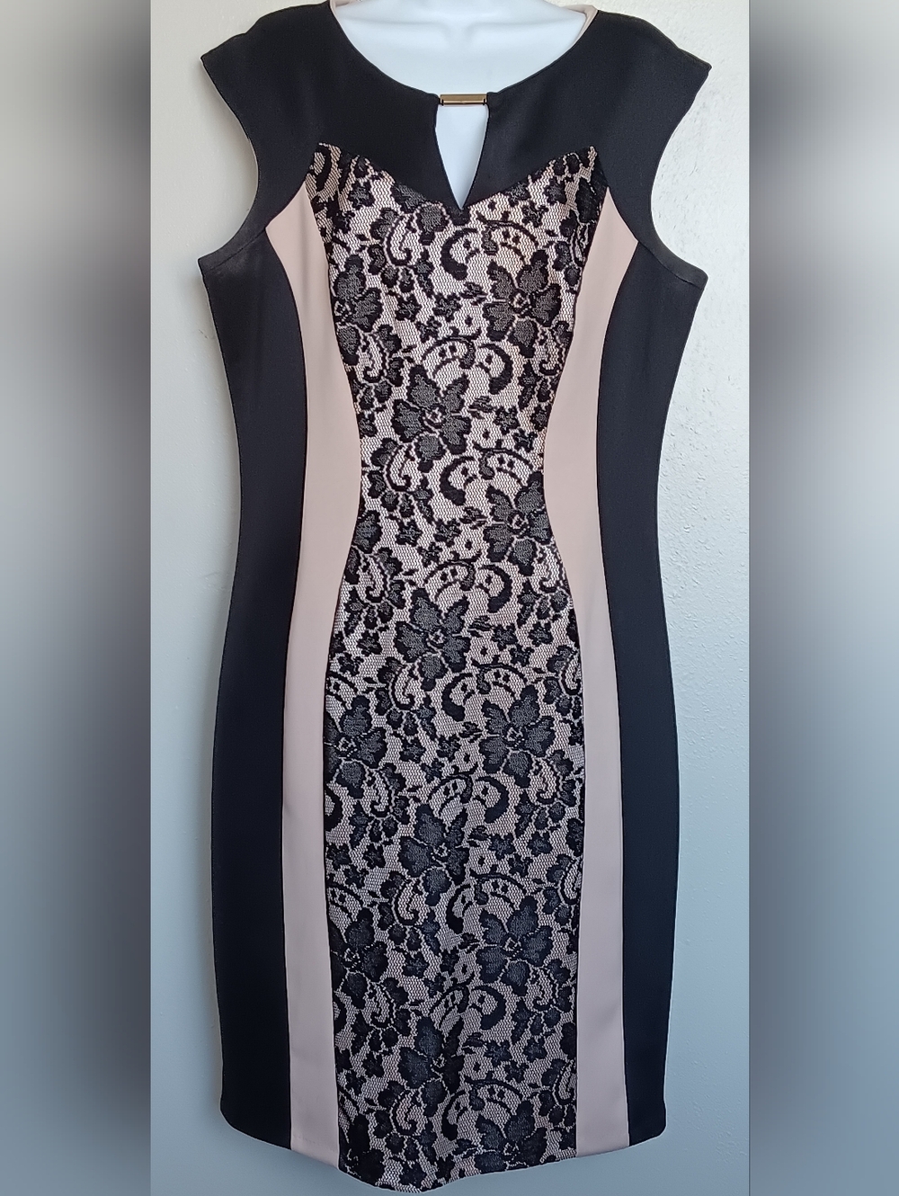CB Establised Dress Black/ Beige/Lace-Panel Bodycon Cap Sleeve with Keyhole  16